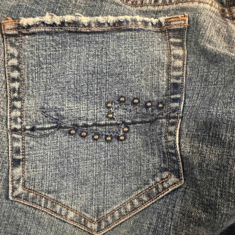 Y2K Embroidered Phoenix Low Rise Jeans 14 | Floral Bird Denim | Raw Hem | - Picture 8 of 16